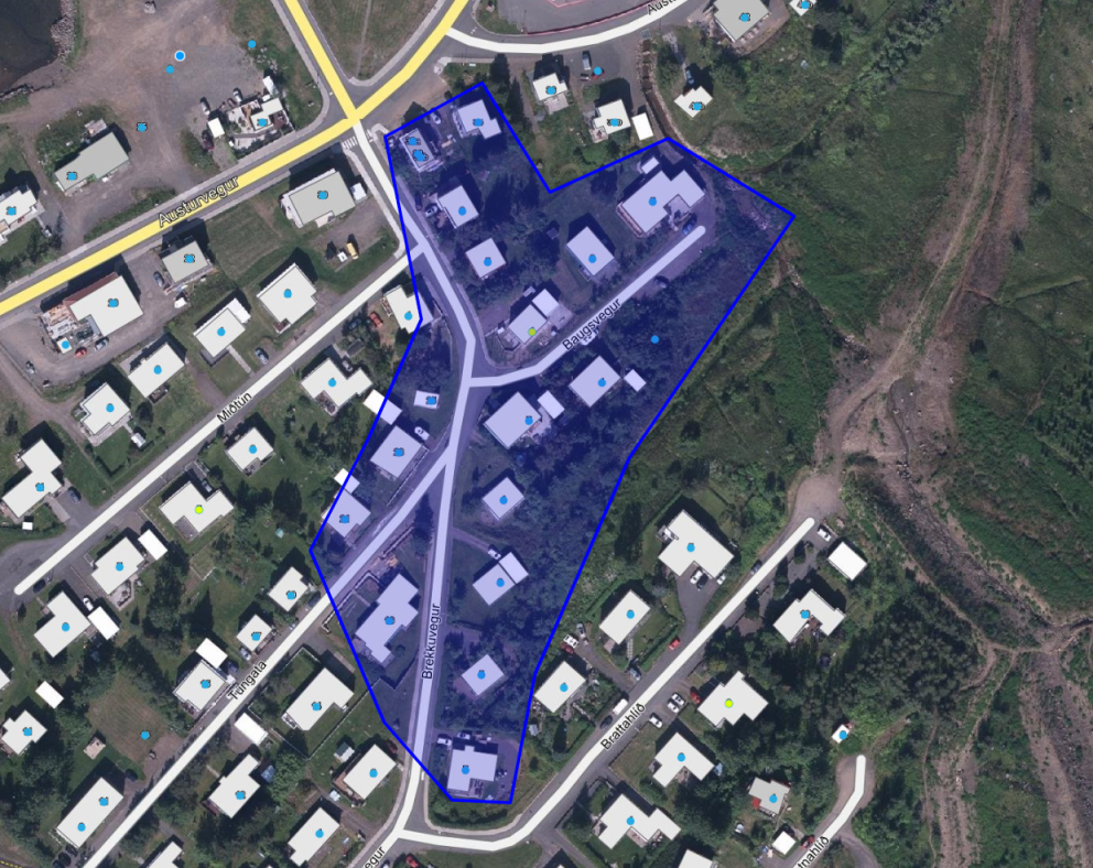 Brekkuvegur og nágrenni, þar sem lokað verður fyrir heitt vatn á miðvikudag.